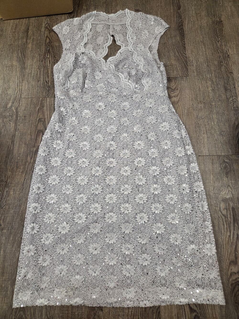 CONNECTED APPAREL Cocktail Dress Lace Trim Sleeveless Gray Silver Size 12